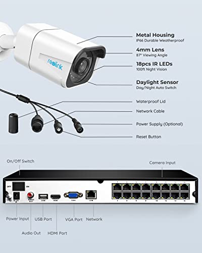 REOLINK 4K Security Camera System, RLK16-800B8 8pcs H.265 4K PoE Security Cameras Wired with Person Vehicle Detection, 8MP/4K 16CH NVR with 3TB HDD for 24-7 Recording