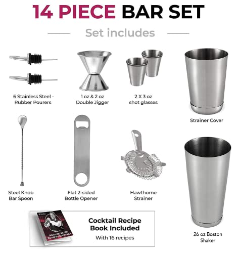 FineDine 14-Piece Cocktail Shaker Set Bartender Kit - Boston Shaker w/Strainer, Bar Jigger, Bar Spoon & More - Full Stainless Steel Cocktail Set w/Bar Tools - Drink Mixer Bar Set - Bar Accessories