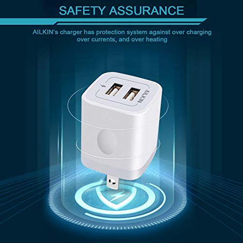 USB Wall Charger, Charger Adapter, AILKIN 2-Pack 2.1A Dual Port Quick Charger Plug Cube for iPhone 14 13 12 11 Pro Max 10 SE X XS 8 Plus Samsung Galaxy S22 S21 S20 Power Block Fast Charging Box Brick
