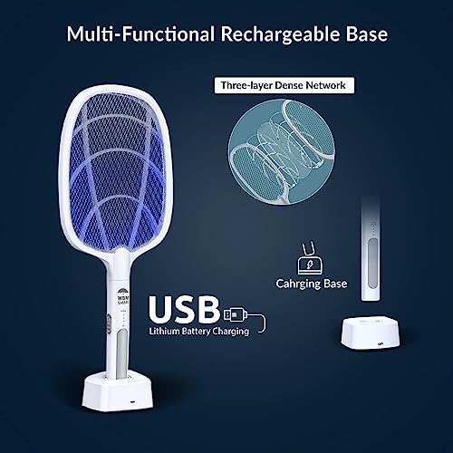 WBM SMART 2 in 1 Electric Bug Zapper, Mosquitoes Trap Lamp & Racket, USB Rechargeable Electric Fly Swatter for Home and Outdoor Powerful Grid 3-Layer Safety Mesh Safe to Touch