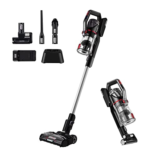 EUREKA Lightweight Cordless Vacuum Cleaner with LED Headlights, 450W Powerful BLDC Motor Convenient Stick and Handheld Vac, Removable Multi-Flooring, Altitude Deluxe + Extra Battery, Red