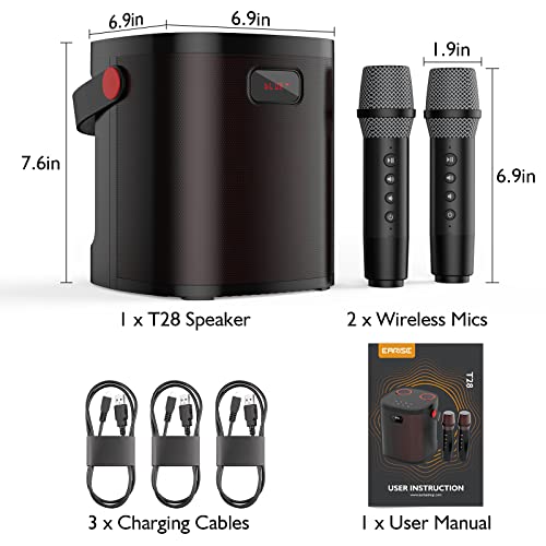 EARISE T28 Karaoke Machine for Adults and Kids, Portable Bluetooth Karaoke Speaker with 2 Wireless Microphones, PA Speaker System Singing Machine for Home Parties, Meetings, Indoors