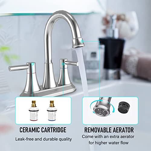 Bathroom Faucets for Sink, Gomylifer Bathroom Sink Faucet 2 Handle,4 Inch Centerset Sink Faucet with Pop Up Drain and Supply Hoses,Stainless Steel 360 Swivel Spout, Lead-Free, Brushed Nickel