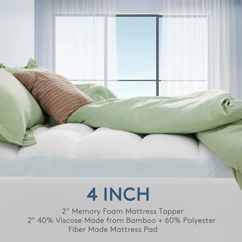 HYLEORY Dual Layer 4 Inch Memory Foam Mattress Topper Twin Size, Breathable & Medium Support, 2 Inch Cooling Gel Memory Foam & 2 Inch Viscose from Bamboo Pillow Top Mattress Pad Cover for Back Pain