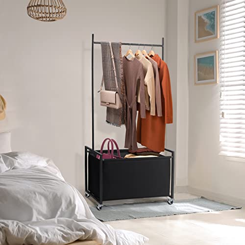 Dunatou Clothing Rack, Clothes Rack with 110 L (29 Gallons) Basket, Standard Clothing Rod 2-in-1 Freestanding Garment Rack, Rolling Clothes Organizer with Wheels 32.28 × 15.74 × 68.5 in, Black