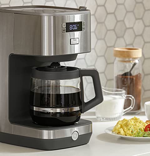GE Drip Coffee Maker With Timer | 12-Cup Glass Carafe Coffee Pot With Warming Plate | Adjustable Brew Strength | Wide Shower Head for Maximum Flavor | Kitchen Essentials | Stainless Steel