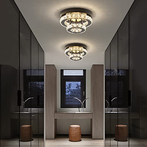 ECOBRT Mini Crystal Chandeliers Modern Black Flush Mount Ceiling Light Surface Mount Led Ceiling Light Bedroom Ceiling Lights Indoor 9.8" Diameter Black 3000K