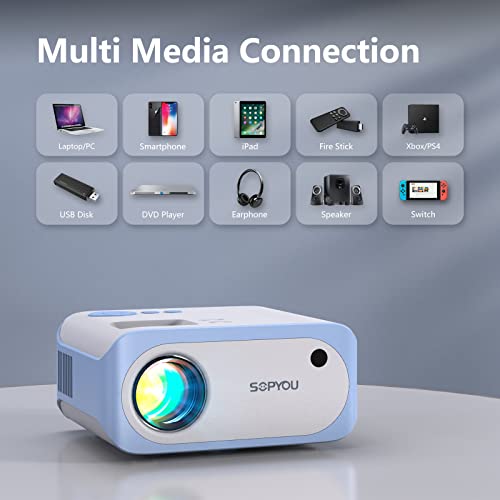 Mini Projector, Native 1080P Full HD 9000L SOPYOU Movie Outdoor Projector 4K Supported, Video Mini Portable Projector for HDMI, USB, Laptop, TV Stick, PS5, IOS & Android, U Disk