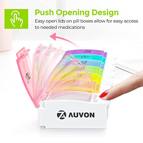 AUVON Weekly Pill Organizer Arthritis Friendly, BPA Free Travel 7 Day Pill Box Case with Spring Open Design and Large Compartment to Hold Vitamins, Cod Liver Oil, Supplements and Medication
