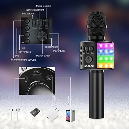 BONAOK Karaoke Microphone for Kids Adults Wireless Mic with Bluetooth Speaker Rechargeable Portable Handheld Echo Microphones with Disco Light for Party Home Outdoor Speaking Singing,Q37L (Black)