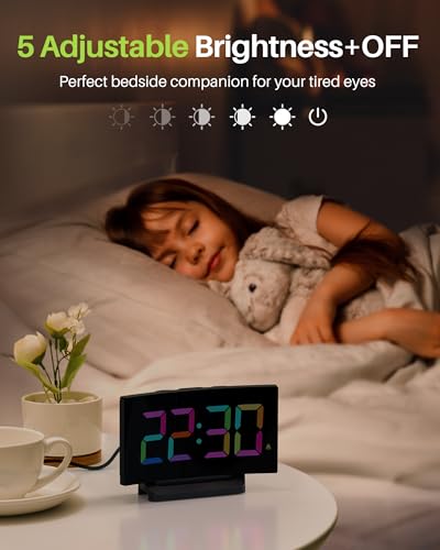 GOLOZA Digital Alarm Clocks for Bedrooms, Digital Clock with 6 Colors RGB Display, 5-Level Brightness + Off, 2 Volumes, 3 Alarm Tones, Snooze, Power-Off Memory, 12/24h, Alarm Clock for Kids Teens
