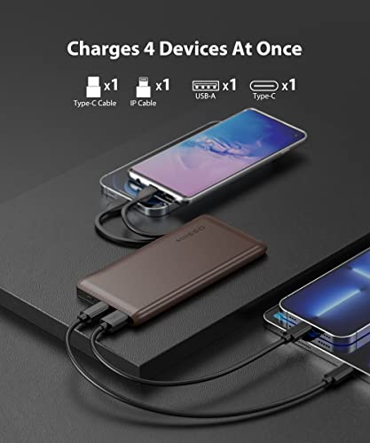 10000mAh Built in Cables Power Bank, 10000 Built in TYPE C Cords External Portable Battery Charger for Cell Phone,Type C (Input & Output) Battery Pack Compatible with iPhone and Samsung, Deep Brown