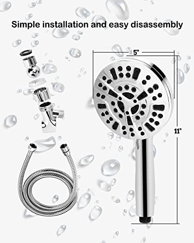 NIKISHAP Shower Head, 10-modes Shower Heads High Pressure, New Anti-clog Nozzle Handheld Shower Head with Extra Long 5 Ft Hose and Adjustable Bracket, Built-in Power Wash to Clean Tub, Tile and Pets.