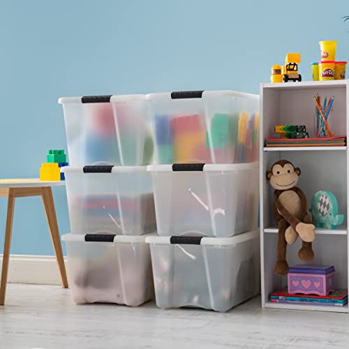 IRIS USA 40 Qt. Plastic Storage Container Bin with Secure Lid and Latching Buckles, 6 pack - Pearl, Durable Stackable Nestable Organizing Tote Tub Box Toy General Organization Medium