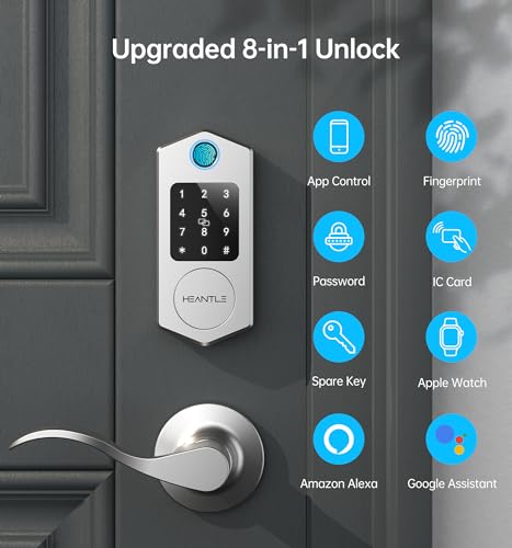 HEANTLE Smart Front Door Lock Set, 8-in-1 Fingerprint Keyless Entry Door Lock with App Control, Electronic Touchscreen Keypad Deadbolt with 2 Lever Handles, Auto Lock,Easy Installation, Silver