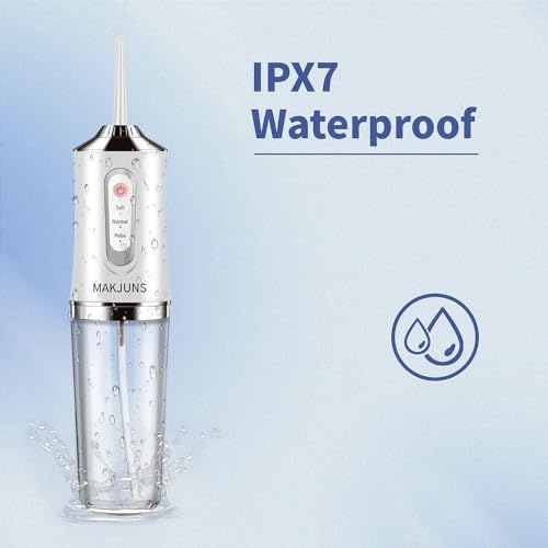 Water-Flosser-Cordless-Teeth-Cleaner MAKJUNS Water Dental Flosser with 3 Modes 4 Jets Rechargeable IPX7 Waterproof Dental Oral Irrigator for Travel Home Braces(Luxury White)