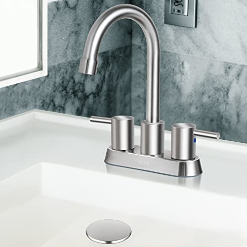SOKA Commercial Bathroom Faucet 3 Hole Brushed Nickle Bathroom Sink Faucet with Pop-Up Drain Deck Plate for 3 Hole, 2 Handles 4 Inch Sink Lavatory Faucets with 360° Swivel