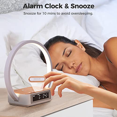 blonbar Bedside Lamp Qi Wireless Charger LED Desk Lamp with Alarm Clock, Touch Control 3 Light Hues, 10W Max Wireless Charging Table Lamp,Eye-Caring Reading Light for Kids, Adults, Home.
