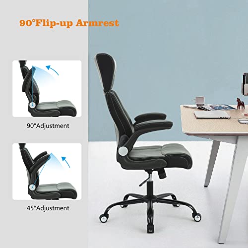 Home Office Chair, Ergonomic Desk Chair with Flip-Up Arm, Office Mesh Chair Leather Computer Chair High Back with Lumbar Support Executive Height Adjustable Rolling Swivel Task (Black)