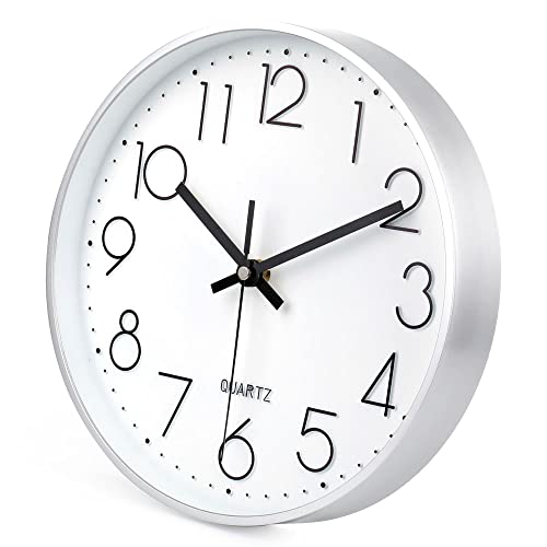 jomparis 10 Inch Silver Wall Clock Battery Operated Silent & Non-Ticking Wall Clock for Home Office Bathroom