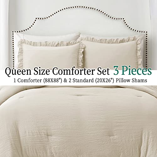 Home Bed Bedding Comforter Set - 3 Pieces Queen Comforter Set, Farmhouse Bedding Set with Ruffle Bed Comforter & Ruffle Pillows Shams(Queen Size Wheat)