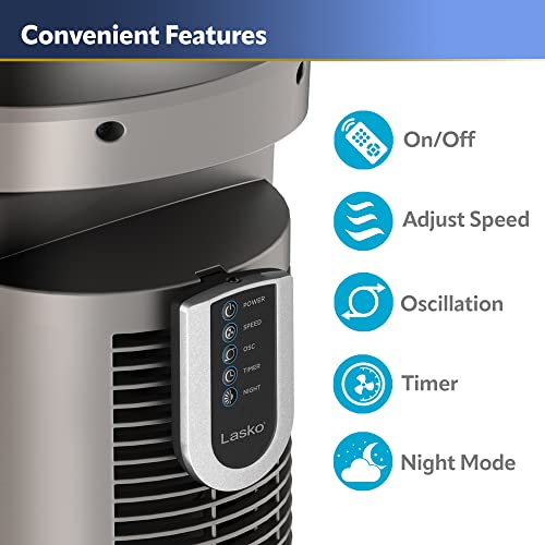 Lasko Oscillating Tower Fan, Nighttime Setting, Remote Control, Portable, Timer, for Bedroom, Home and Office, 3 Quiet Speeds, 42.5", Silverwood, T42954, woodgrain and grey