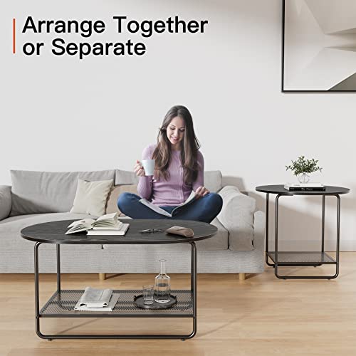 Amada Coffee Table Set, 2-Tier Center Table with Open Shelf and Metal Frame, Modern Round Coffee Table for Living Room, Set of 2, AMCT2B