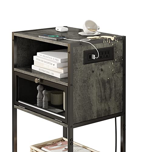 SOOWERY Nightstand with Charging Station, Bedside Tables with 3 Tiers Storage Space and Door, End Tables with USB Ports and Outlets for Bedroom, Living Room, Dark Grey