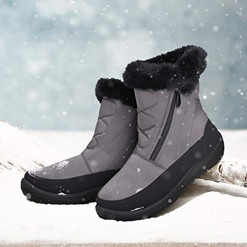 gracosy Snow Boots for Women, Warm Ankle Boots Waterproof Outdoor Slip On Fur Lined Winter Short Booties Anti-Slip Comfort Zipper Shoes Grey 8 Women