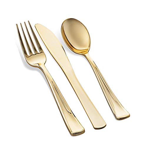 350 Piece Gold Dinnerware Set - 50 Guest Gold Rim Plastic Plates - 50 Gold Plastic Silverware - 50 Gold Rim Plastic Cups - 50 Linen Like Gold Paper Napkins, 50 Guest Disposable Gold Dinnerware Set