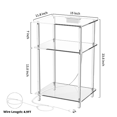 Eglaf Acrylic Side Table with Charging Station - 3 Tier Charging End Table Set of 2 - Clear Nightstand Bedside Table with USB Ports & Outlets - for Bedroom, Living Room, 15'' L x 11.8'' W x 23.6'' H