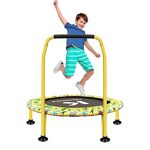 KENSONE 36" Mini Trampoline for Kids, Indoor Small Recreational Trampoline for Toddlers with Bungees, Foam Handle, Leg Suction Cups and Safety Bins, Yellow