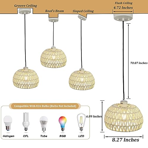 Boho Pendant Lights Kitchen Island Boho Chandelier Light Fixture Adjustable Pendant Lights Rattan Lamp Wicker Pendant Light for Kitchen Island Bedroom Living Room Dining Room Farmhouse 8.27 Inches