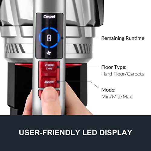 EUREKA Lightweight Cordless Vacuum Cleaner with LED Headlights, 450W Powerful BLDC Motor Convenient Stick and Handheld Vac, Removable Multi-Flooring, Altitude Deluxe + Extra Battery, Red