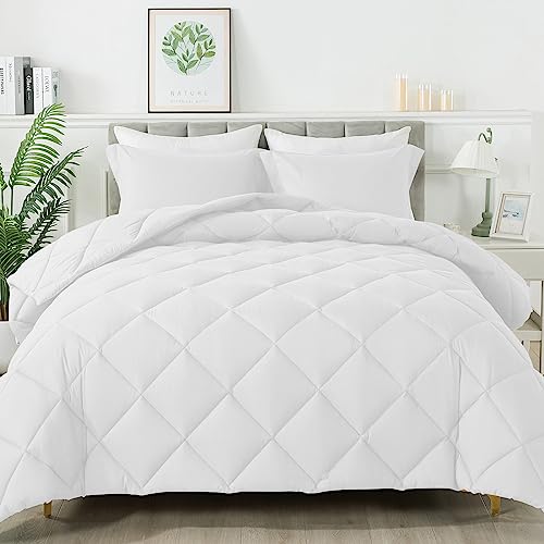 HYLEORY Full Size Comforter Set with 2 Pillow Shams - Down Alternative Bed Comforters Bedding Sets for All Season - Lightweight - Machine Washable - White