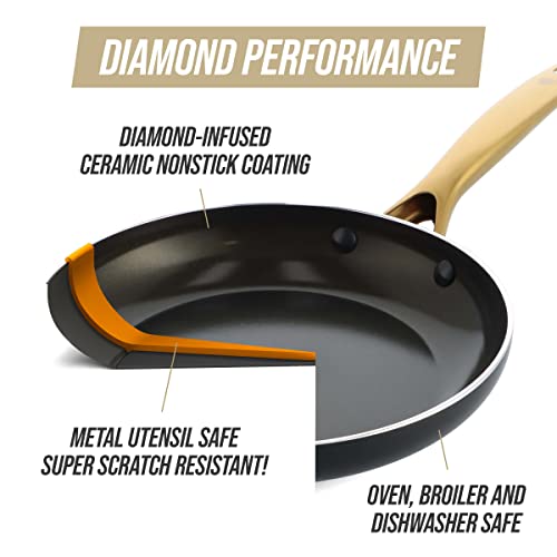 Blue Diamond Gold 10 Piece Cookware Set,Ceramic Nonstick, PFOA Free, Induction Suitable, Dishwasher Safe, Gold Handle, Black
