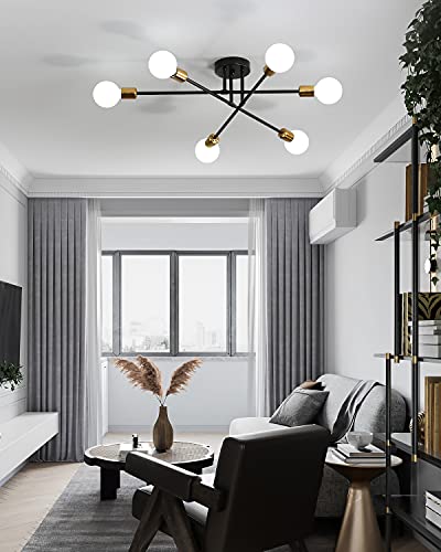 Biewalk Mid Century Sputnik Chandelier Light Fixture Semi Flush Mount Ceiling Light Black for Living Room, Kitchen, Bedroom, Dining Room (6 Light)