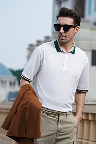 LEDINEY Polo Shirts for Men Short Sleeve Striped Collared Button Down Regular Fit Business and Casual Fashion Sports Golf Shirts Camisa Polo para Hombre White M