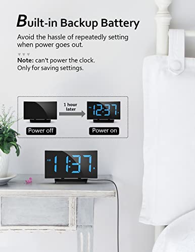 GOLOZA Digital Alarm Clock for Bedrooms, Digital Clock with Modern Curved Design, Conspicuous Blue LED Numbers, 5 Levels Brightness+Off, 2 Volume, 3 Alarm Tones, Snooze, Power-Off Memory, 12/24H