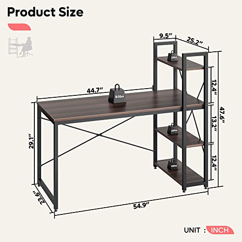 Bestier Computer Desk with Storage Shelves - 55 Inch Home Office Desks with Reversible Bookshelf - Plenty Leg Room and Easy Assemble, Brown