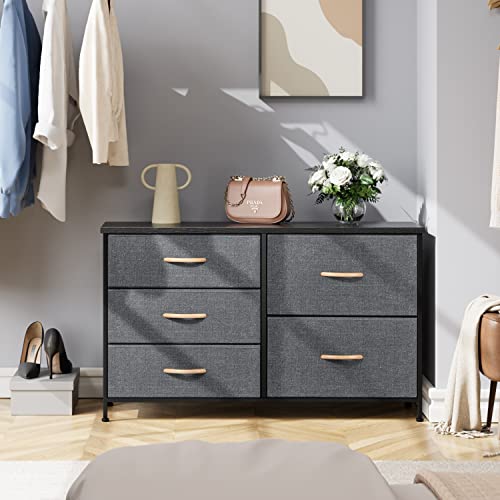Nicehill Dresser for Bedroom with 5 Drawers, Storage Drawer Organizer, Wide Chest of Drawers for Closet, Clothes, Kids, TV Stand with Storage Drawers, Wood Board, Fabric Drawers(Black Grey)