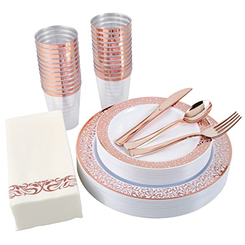 175 Piece Rose Gold Dinnerware Set 25 Guest-50 Rose Gold Lace Plastic Plates-25 Plastic Silverware-25 Plastic Cups-25 Linen Like Paper Napkins, FOCUSLINE Disposable Dinnerware Set