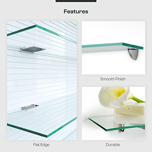 Fab Glass and Mirror Rectangle Floating Glass Shelve, 6"x18" Inches, 3/8 Thick Clear Glass with Flat Polished Edge-โEasy Installation with Screws, and Peacock Chrome Finish Brackets