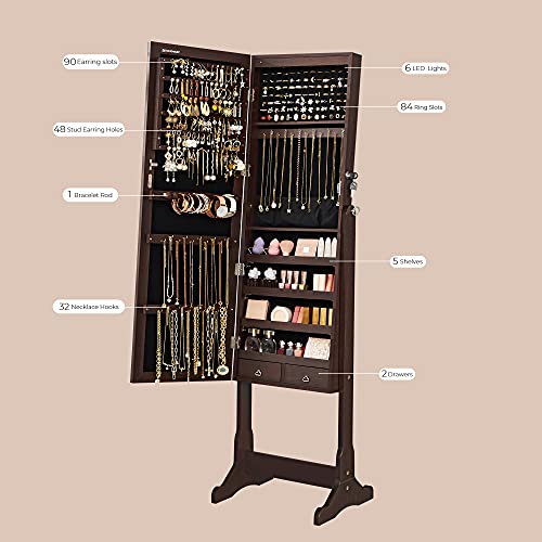 SONGMICS Mirror Jewelry Cabinet with 6 LED Lights, Lockable Standing Mirrored Armoire Organizer, 2 Drawers, Brown UJJC94K