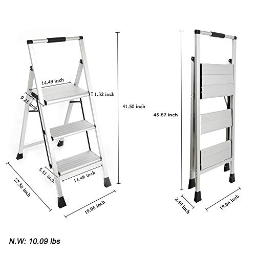 Topfun 3 Step Ladder, Lightweight Aluminum Folding Step Stool, Multi-Use Non-Slip Wide Platform Ultra-Light Sturdy Ladder, 225lbs Capacity, Fully Assembled for Household and Office