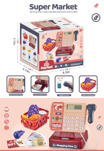 Doliremy Toy Cash Register, Supermarket Cash Register Role Play Set, Cash Register with Calculator,Sound and Light Scanner,Play House Shopping Food Toy,Ideal Gift for Children over 3+No battery(SYJ-002)