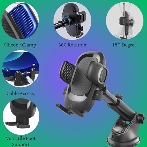 DYT Dashboard & Windshield Universal Car Mount Phone Holder, Compatible with iPhone, Samsung, Google, and More (Black)