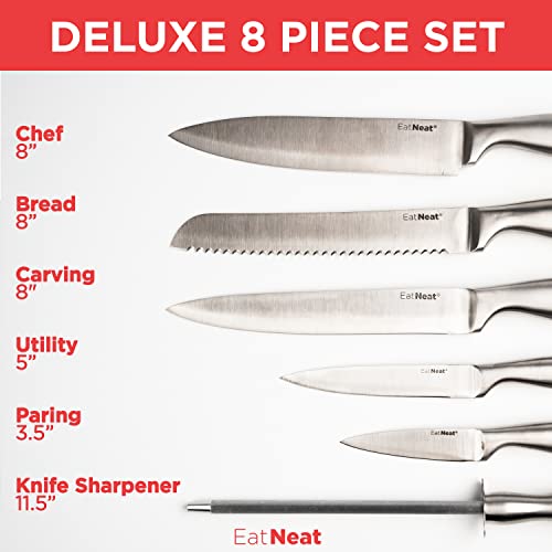 EatNeat Kitchen Knife Block Set - 8 Piece Stainless Steel Chef Knife Set with Bamboo Knife Block, Bamboo Cutting Board, Knife Sharpener, Kitchen Essentials, Knife Sets for Kitchen With Block