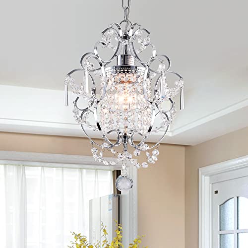FLSFU Mini Chandelier Light Fixture,Modern Chrome Crystal Ceiling Light Fixtures 1 Light Small Chandeliers for Bathroom,Farmhouse Pendant Lighting for Girls Room Dining Room Closet Kitchen Island