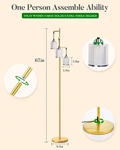 bulbeats 67IN Dimmable (Brightness Adjustable) Floor Lamp with 0%-100%, Floor Lamp with 3pcs LED Bulbs Included Plastic Shatterproof Lampshade Gold Mid-Century Modern Light for Living Room/Bedroom